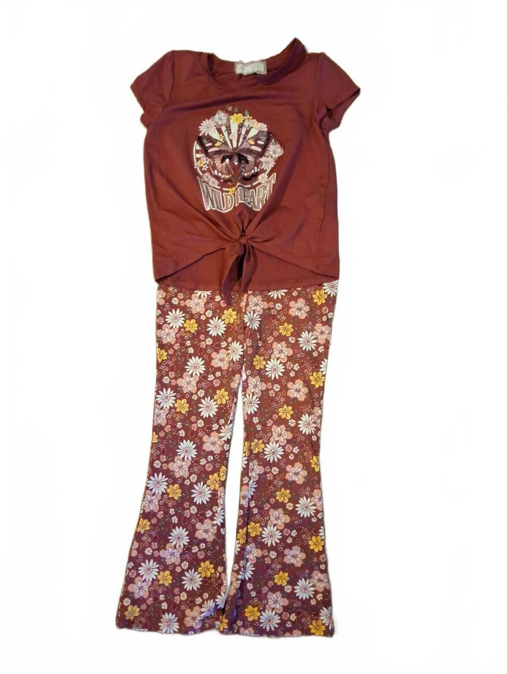 Retro 70s Boho Daisy Floral Flare Pant & Front Tie Tee Set Girls Size 6
